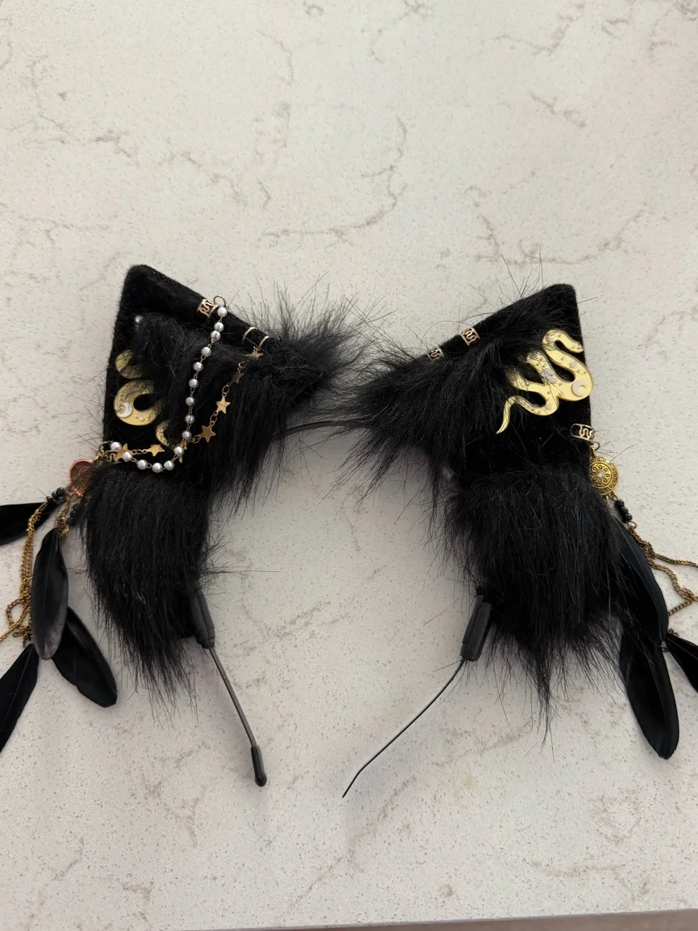 Black Faux Fur Cat Ear Headband with Gold Accents